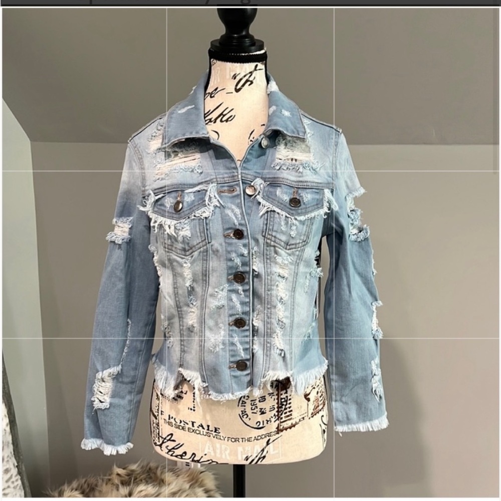 NWT heavily distressed denim jacket w/ Louis Vuitton tan and black scarf print. - Picture 9 of 10